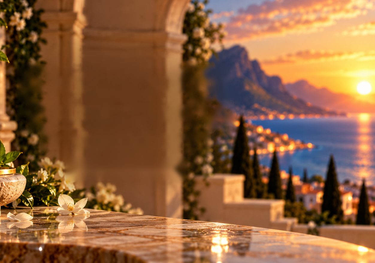 Terrasse en marbre et fleurs blanches face à la mer au coucher du soleil